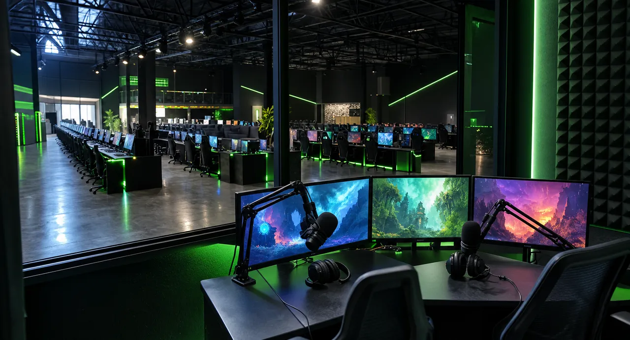 Cabine de comentadores com microfones e três ecrãs virada para a arena